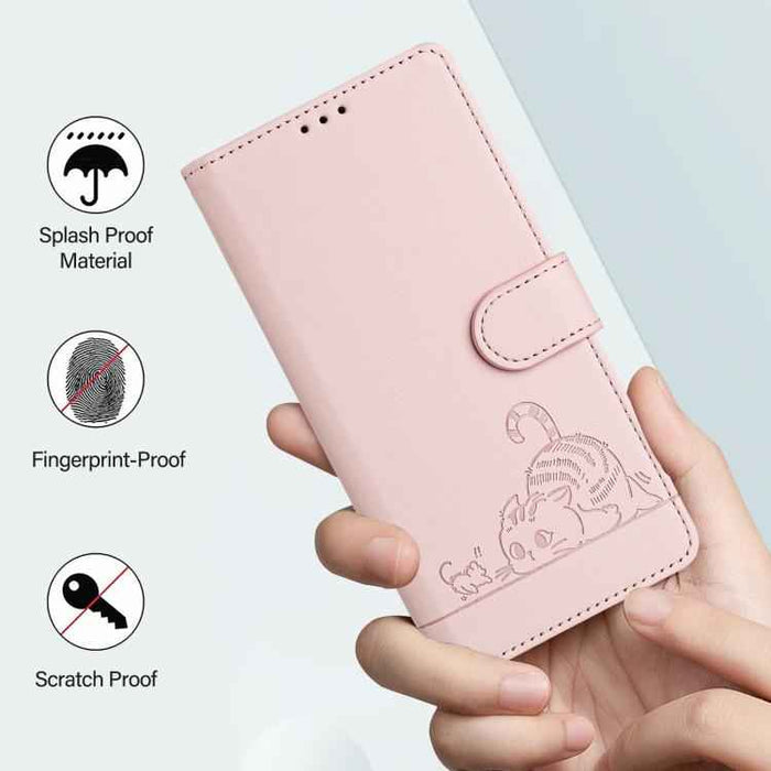 For iPhone 17 Pro Cat Rat Embossed Pattern RFID Leather Phone Case with Lanyard(Pink)