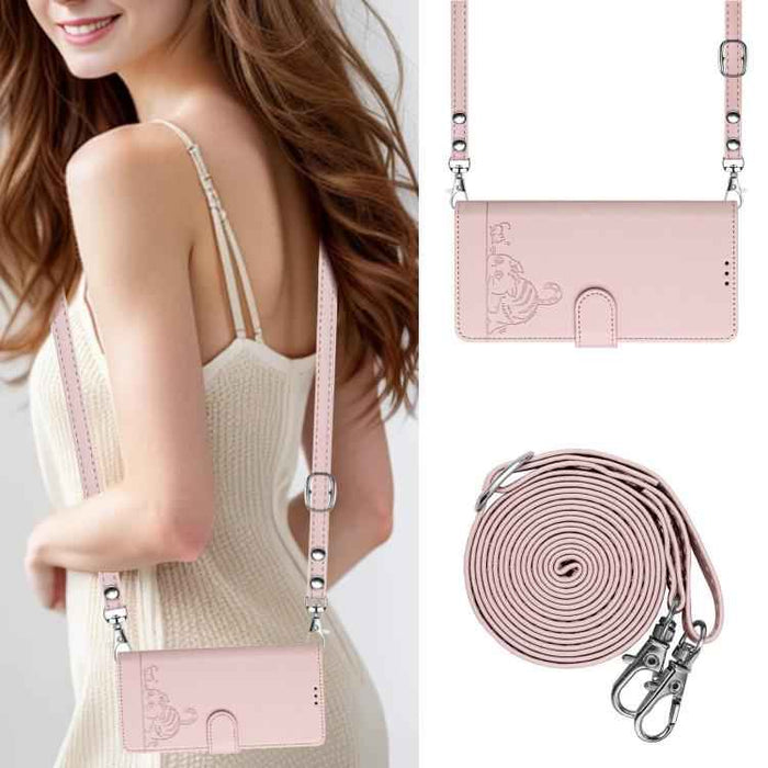 For iPhone 17 Pro Cat Rat Embossed Pattern RFID Leather Phone Case with Lanyard(Pink)