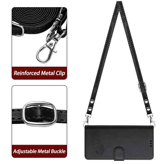 For iPhone 17 Pro Cat Rat Embossed Pattern RFID Leather Phone Case with Lanyard(Black)