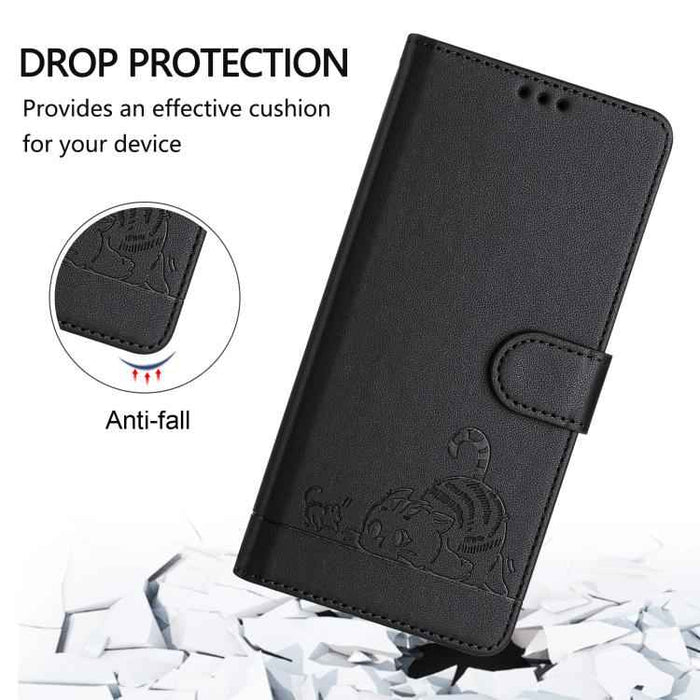 For iPhone 17 Pro Cat Rat Embossed Pattern RFID Leather Phone Case with Lanyard(Black)