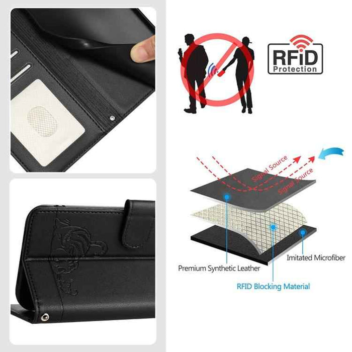 For iPhone 17 Pro Cat Rat Embossed Pattern RFID Leather Phone Case with Lanyard(Black)