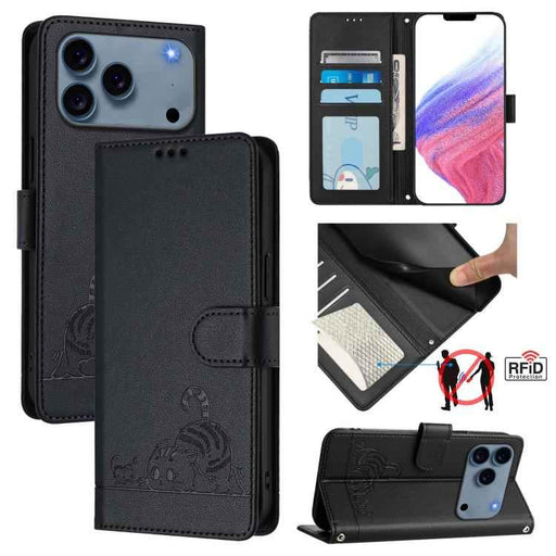 For iPhone 17 Pro Cat Rat Embossed Pattern RFID Leather Phone Case with Lanyard(Black)