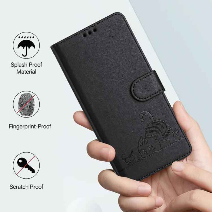 For iPhone 17 Pro Cat Rat Embossed Pattern RFID Leather Phone Case with Lanyard(Black)