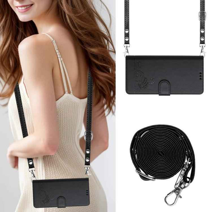 For iPhone 17 Pro Cat Rat Embossed Pattern RFID Leather Phone Case with Lanyard(Black)