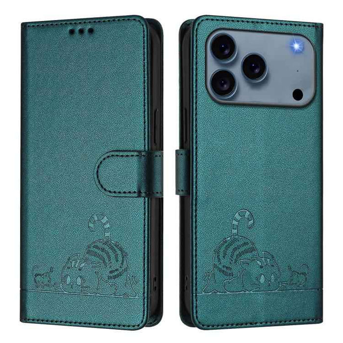 For iPhone 17 Pro Cat Rat Embossed Pattern RFID Leather Phone Case with Lanyard(Peacock Green)