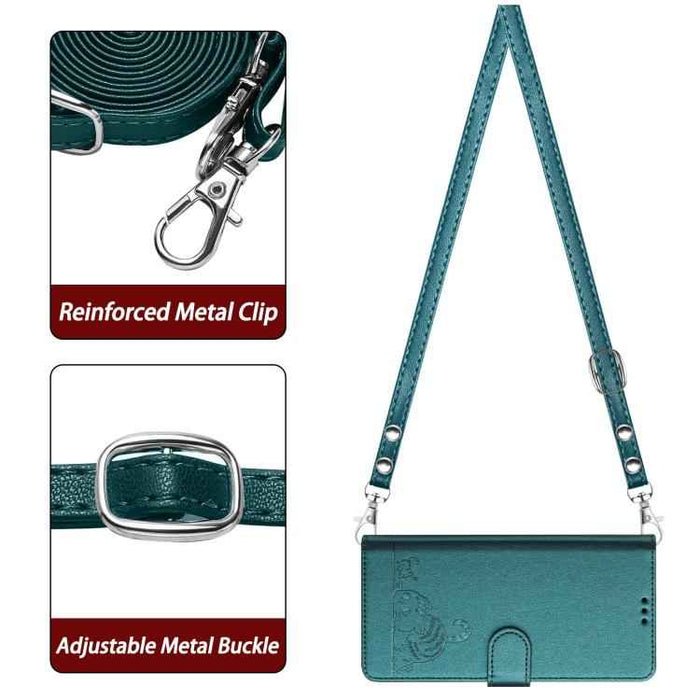 For iPhone 17 Pro Cat Rat Embossed Pattern RFID Leather Phone Case with Lanyard(Peacock Green)
