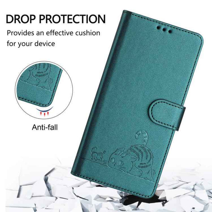 For iPhone 17 Pro Cat Rat Embossed Pattern RFID Leather Phone Case with Lanyard(Peacock Green)