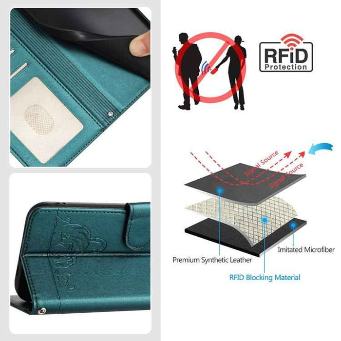 For iPhone 17 Pro Cat Rat Embossed Pattern RFID Leather Phone Case with Lanyard(Peacock Green)