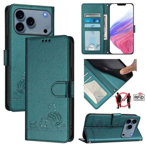 For iPhone 17 Pro Cat Rat Embossed Pattern RFID Leather Phone Case with Lanyard(Peacock Green)