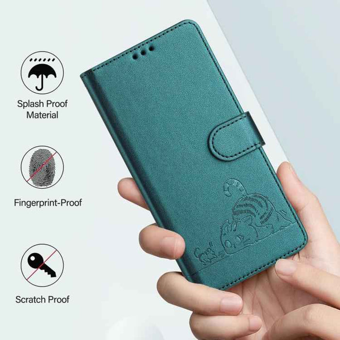 For iPhone 17 Pro Cat Rat Embossed Pattern RFID Leather Phone Case with Lanyard(Peacock Green)