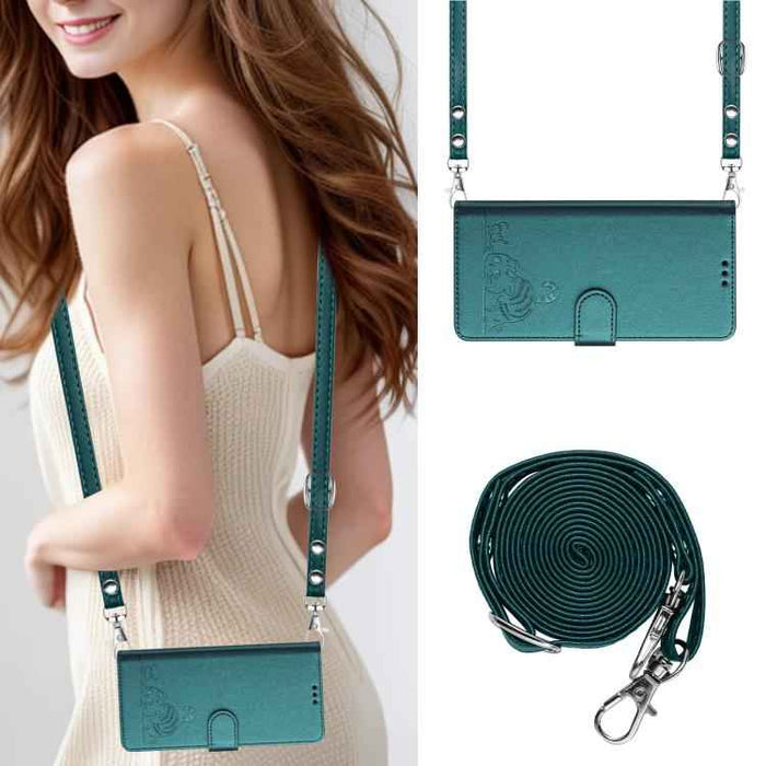 For iPhone 17 Pro Cat Rat Embossed Pattern RFID Leather Phone Case with Lanyard(Peacock Green)