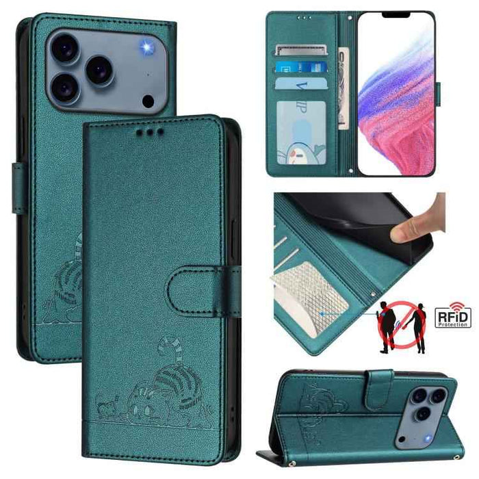 For iPhone 17 Pro Cat Rat Embossed Pattern RFID Leather Phone Case with Lanyard(Peacock Green)