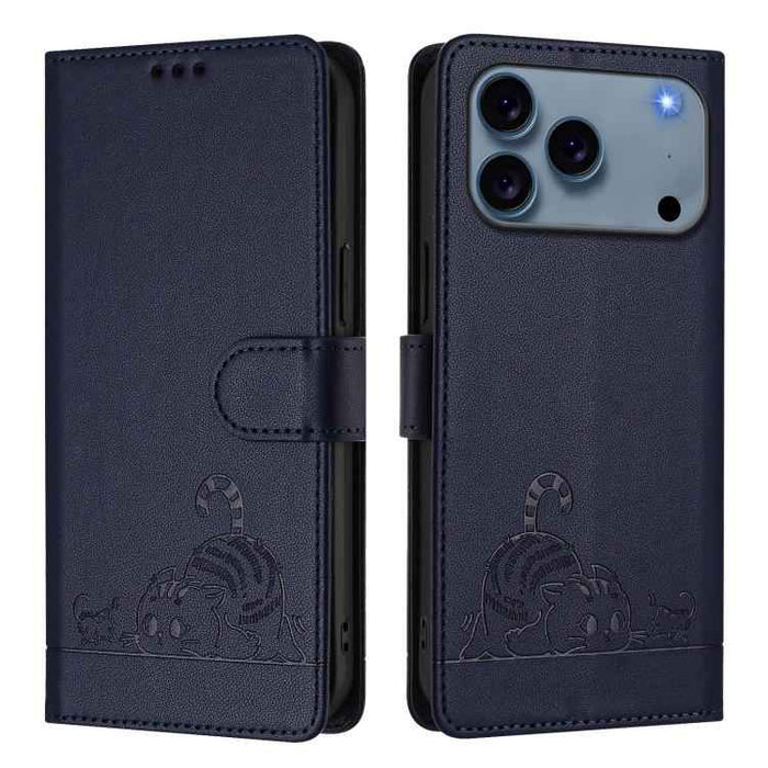 For iPhone 17 Pro Cat Rat Embossed Pattern RFID Leather Phone Case with Lanyard(Blue)