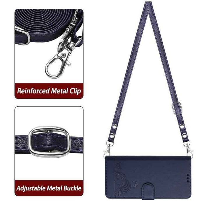 For iPhone 17 Pro Cat Rat Embossed Pattern RFID Leather Phone Case with Lanyard(Blue)