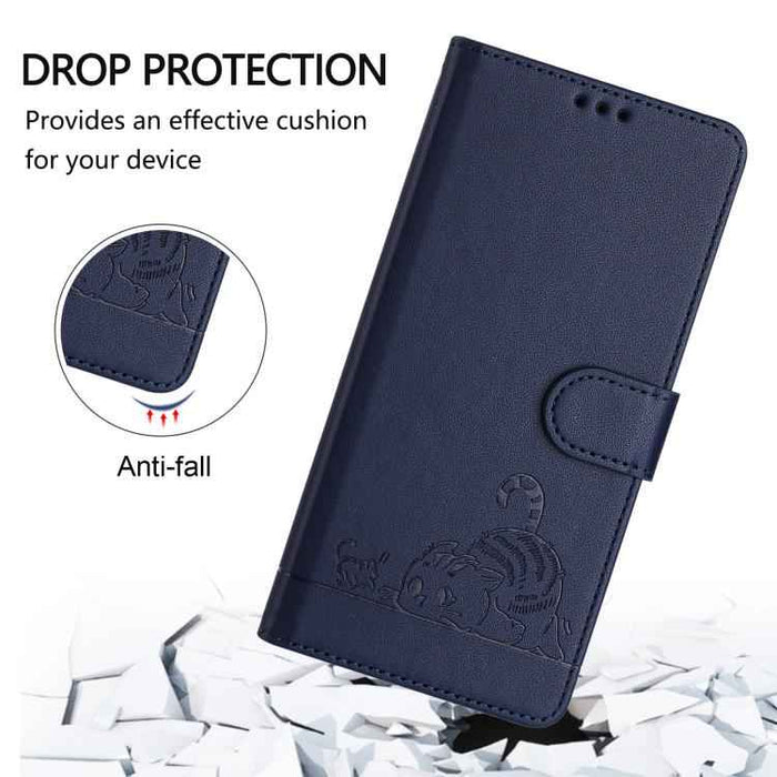 For iPhone 17 Pro Cat Rat Embossed Pattern RFID Leather Phone Case with Lanyard(Blue)