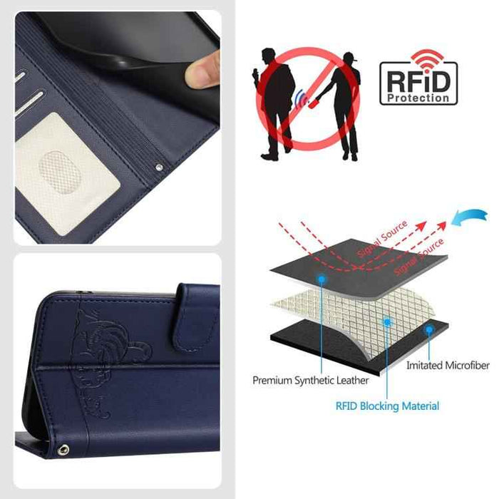 For iPhone 17 Pro Cat Rat Embossed Pattern RFID Leather Phone Case with Lanyard(Blue)