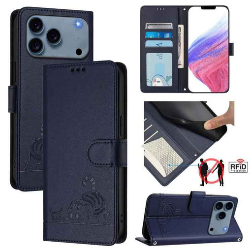 For iPhone 17 Pro Cat Rat Embossed Pattern RFID Leather Phone Case with Lanyard(Blue)