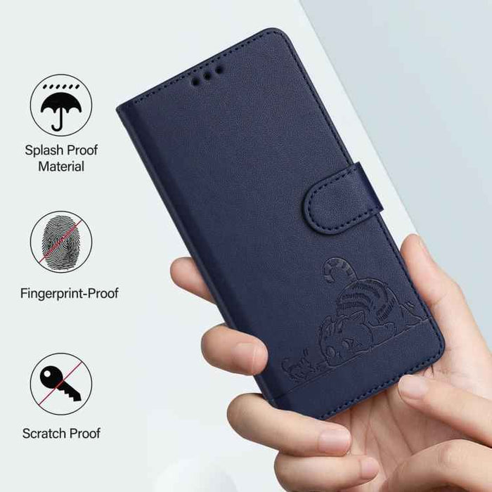 For iPhone 17 Pro Cat Rat Embossed Pattern RFID Leather Phone Case with Lanyard(Blue)