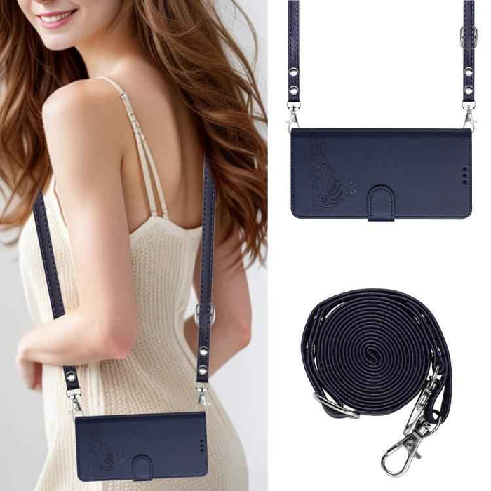 For iPhone 17 Pro Cat Rat Embossed Pattern RFID Leather Phone Case with Lanyard(Blue)