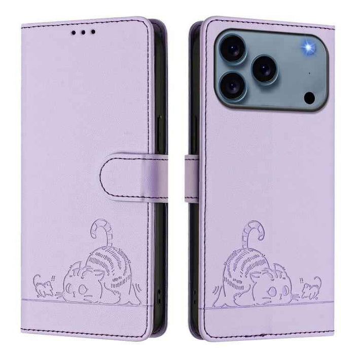For iPhone 17 Pro Cat Rat Embossed Pattern RFID Leather Phone Case with Lanyard(Purple)
