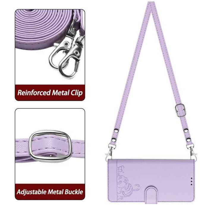 For iPhone 17 Pro Cat Rat Embossed Pattern RFID Leather Phone Case with Lanyard(Purple)