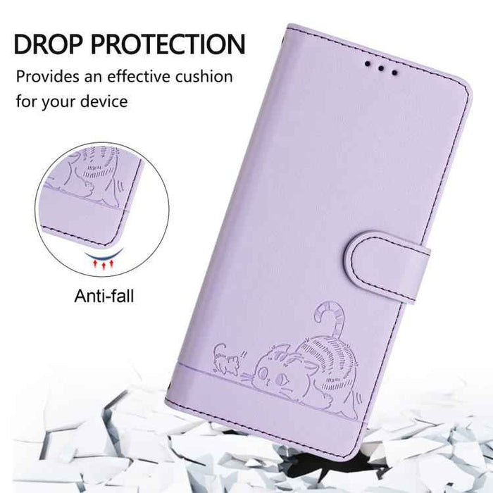 For iPhone 17 Pro Cat Rat Embossed Pattern RFID Leather Phone Case with Lanyard(Purple)