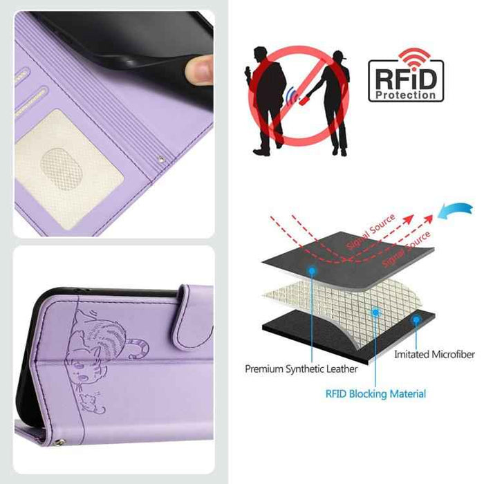 For iPhone 17 Pro Cat Rat Embossed Pattern RFID Leather Phone Case with Lanyard(Purple)