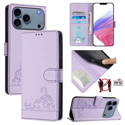 For iPhone 17 Pro Cat Rat Embossed Pattern RFID Leather Phone Case with Lanyard(Purple)