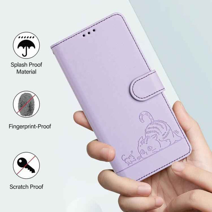 For iPhone 17 Pro Cat Rat Embossed Pattern RFID Leather Phone Case with Lanyard(Purple)