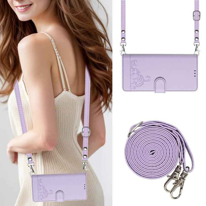 For iPhone 17 Pro Cat Rat Embossed Pattern RFID Leather Phone Case with Lanyard(Purple)