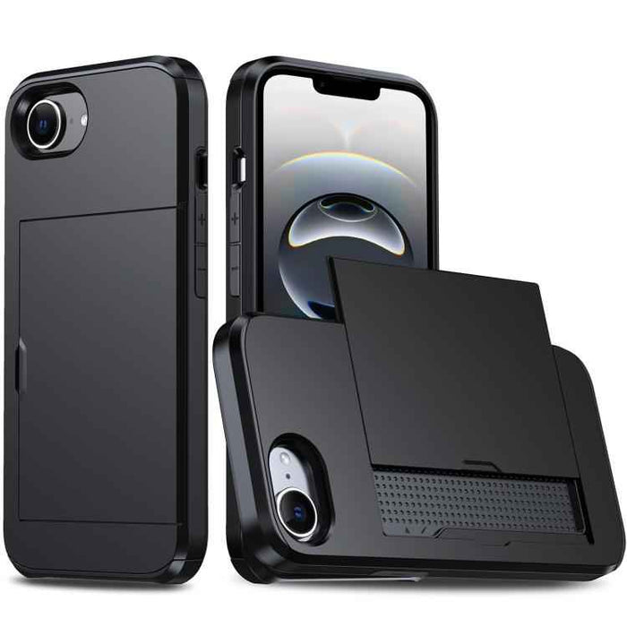 For iPhone 16e Shockproof Armor Phone Case with Card Slot(Black)