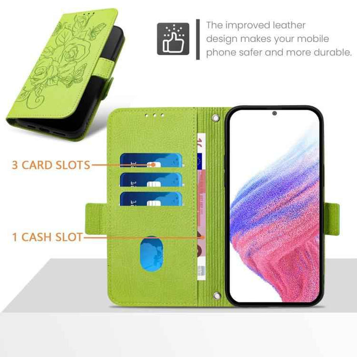 For iPhone 17 Pro Embossed Rose RFID Anti-theft Leather Phone Case(Green)
