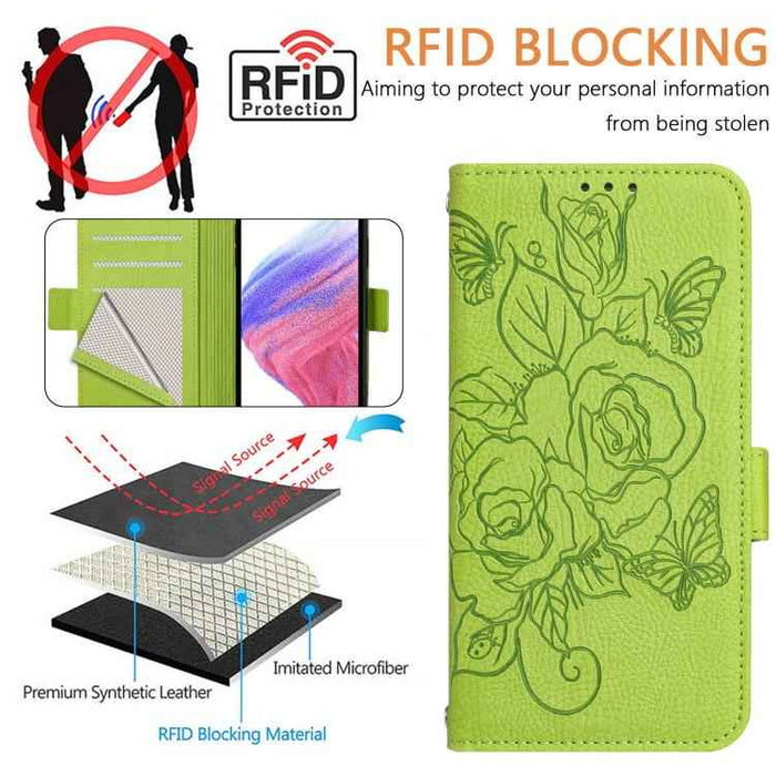 For iPhone 17 Pro Embossed Rose RFID Anti-theft Leather Phone Case(Green)
