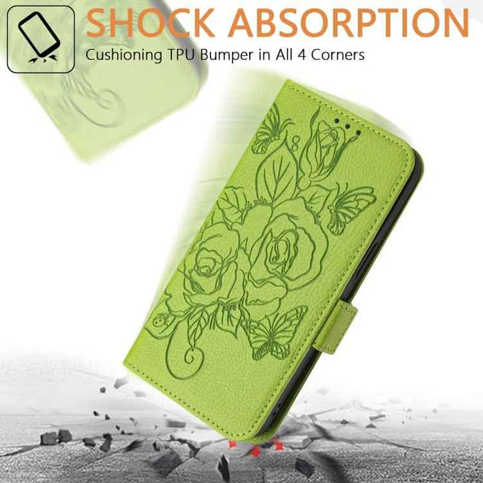 For iPhone 17 Pro Embossed Rose RFID Anti-theft Leather Phone Case(Green)