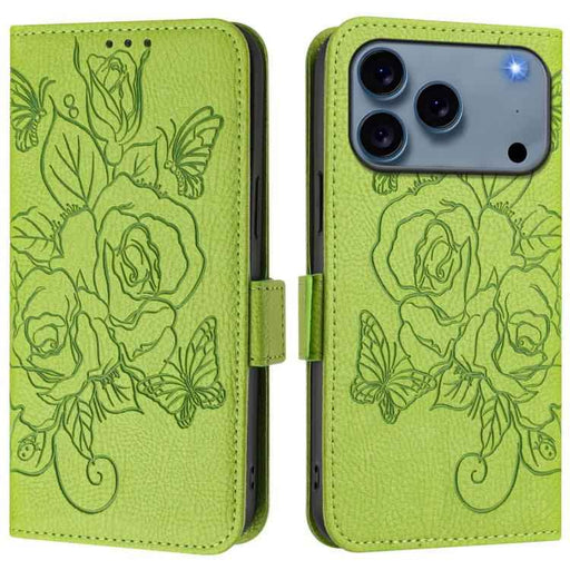 For iPhone 17 Pro Embossed Rose RFID Anti-theft Leather Phone Case(Green)