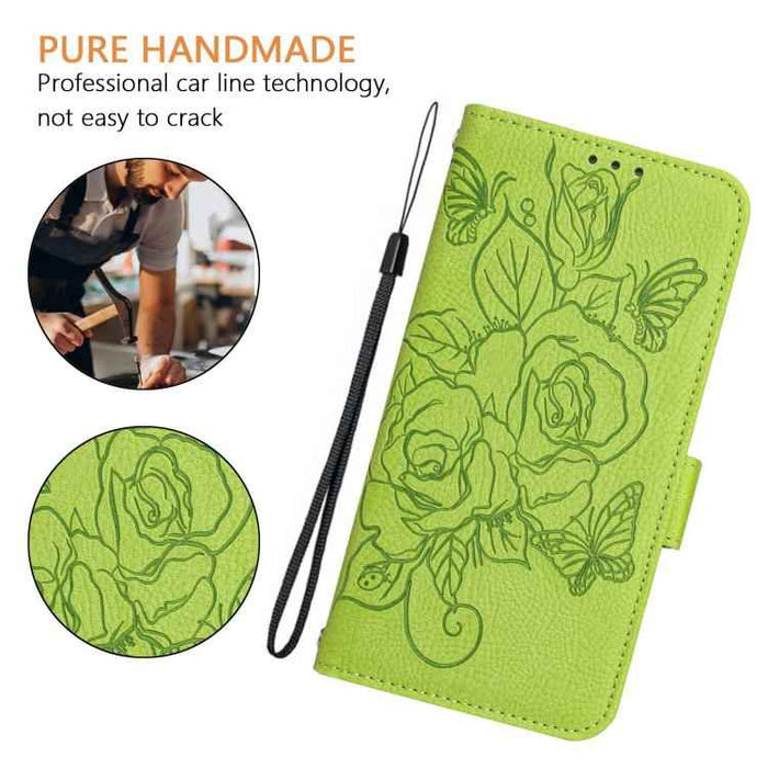 For iPhone 17 Pro Embossed Rose RFID Anti-theft Leather Phone Case(Green)