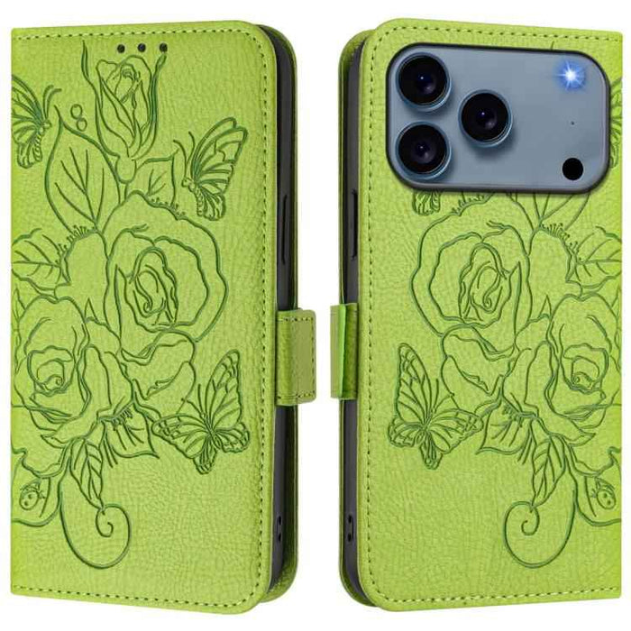 For iPhone 17 Pro Embossed Rose RFID Anti-theft Leather Phone Case(Green)