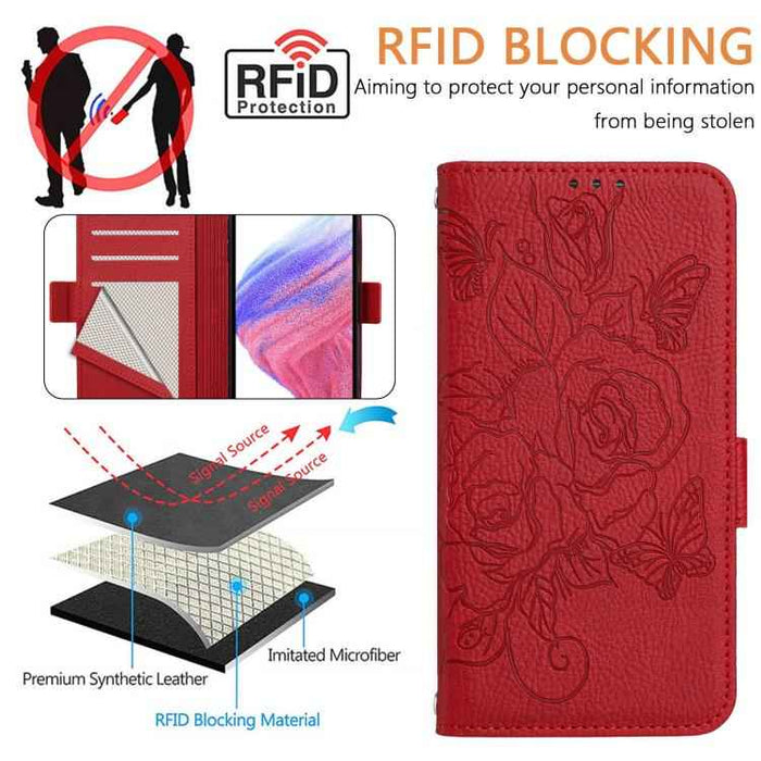 For iPhone 17 Pro Embossed Rose RFID Anti-theft Leather Phone Case(Red)