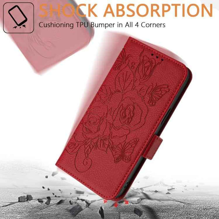 For iPhone 17 Pro Embossed Rose RFID Anti-theft Leather Phone Case(Red)