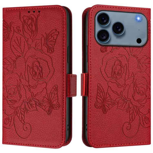 For iPhone 17 Pro Embossed Rose RFID Anti-theft Leather Phone Case(Red)