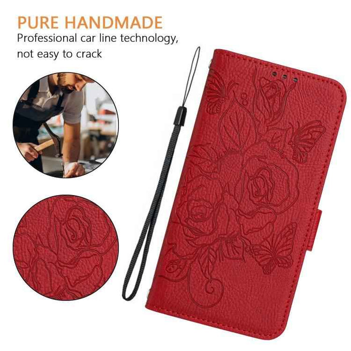 For iPhone 17 Pro Embossed Rose RFID Anti-theft Leather Phone Case(Red)
