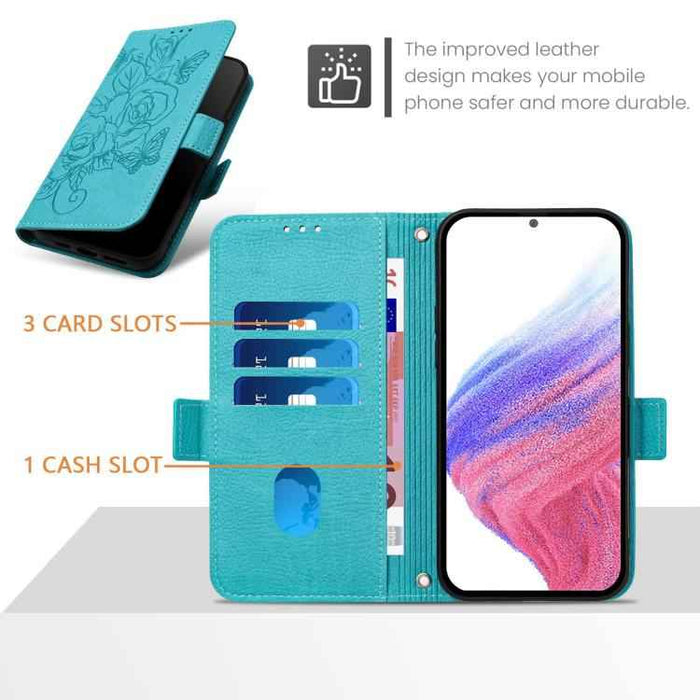 For iPhone 17 Pro Embossed Rose RFID Anti-theft Leather Phone Case(Light Blue)
