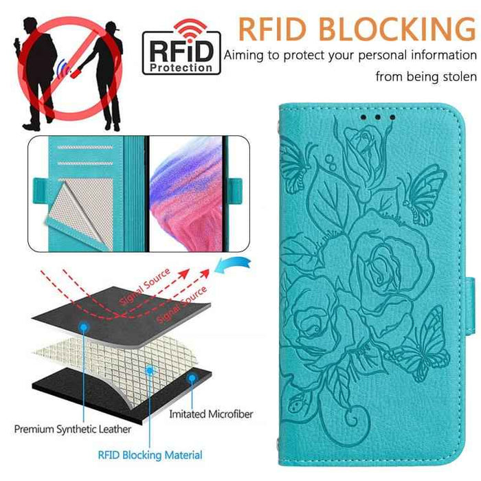 For iPhone 17 Pro Embossed Rose RFID Anti-theft Leather Phone Case(Light Blue)