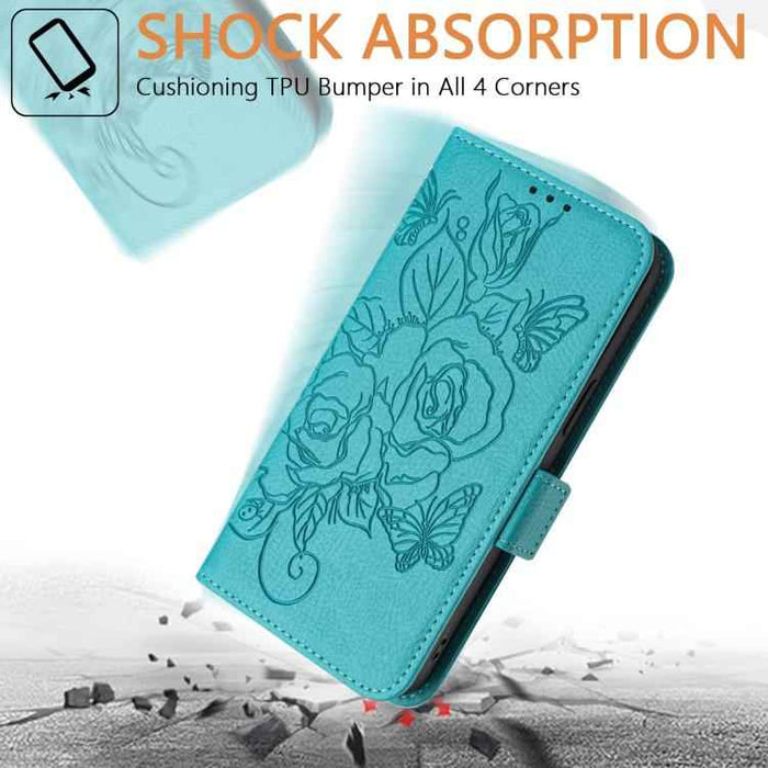 For iPhone 17 Pro Embossed Rose RFID Anti-theft Leather Phone Case(Light Blue)