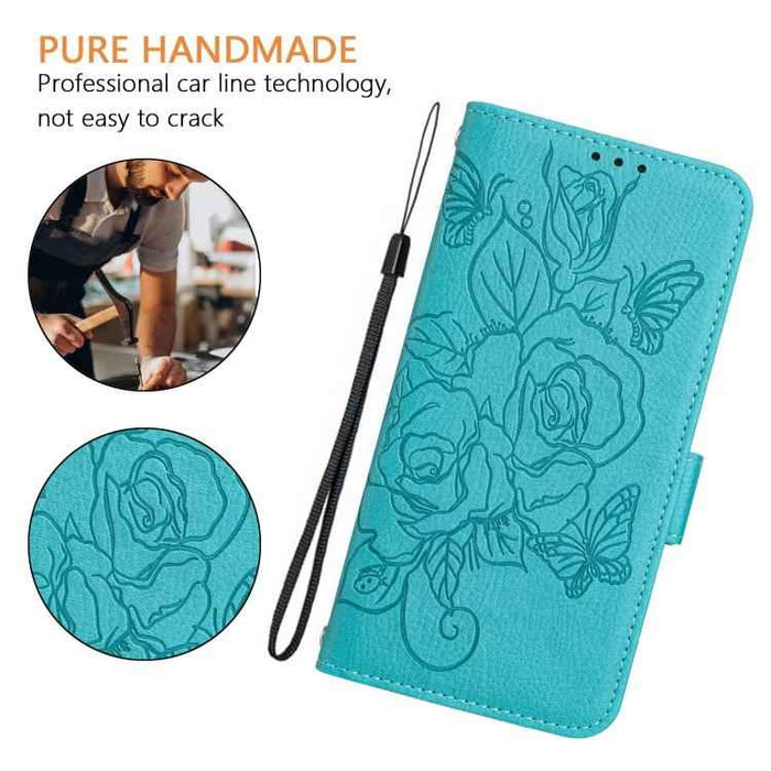 For iPhone 17 Pro Embossed Rose RFID Anti-theft Leather Phone Case(Light Blue)