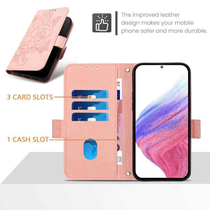 For iPhone 17 Pro Embossed Rose RFID Anti-theft Leather Phone Case(Pink)