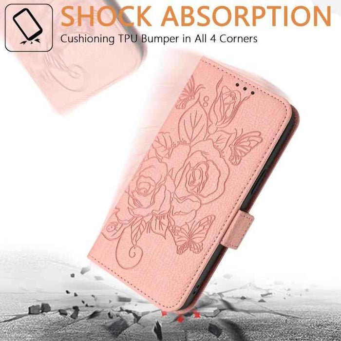 For iPhone 17 Pro Embossed Rose RFID Anti-theft Leather Phone Case(Pink)