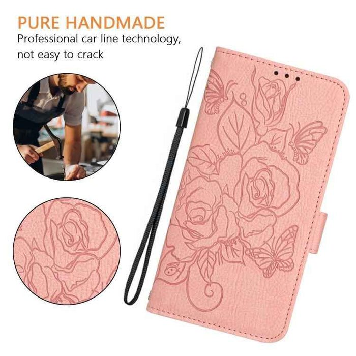 For iPhone 17 Pro Embossed Rose RFID Anti-theft Leather Phone Case(Pink)