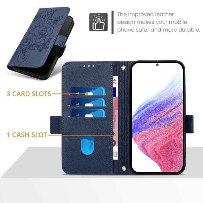 For iPhone 17 Pro Embossed Rose RFID Anti-theft Leather Phone Case(Dark Blue)