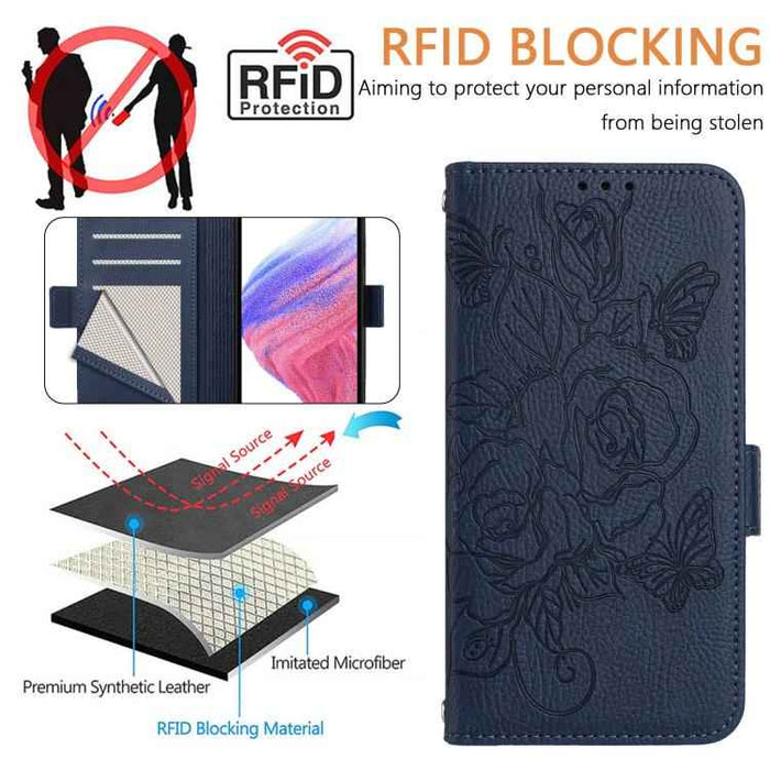 For iPhone 17 Pro Embossed Rose RFID Anti-theft Leather Phone Case(Dark Blue)